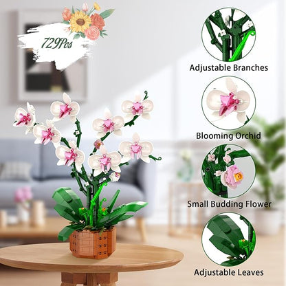 Orchid Flower Building Blocks Set Fake Indoor Flowers Building Set for Home Kitchen Desk Decoration for Adults Ages 18+
