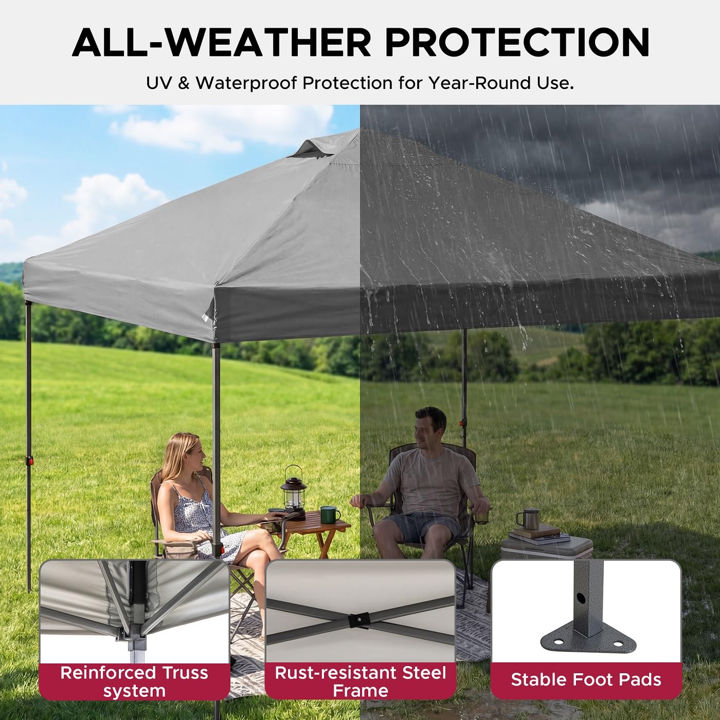 SUNJOY 10ftx10ft Instant Canopy POP UP Gazebo,Easy up,with Detachable LED Light,Remote Control,with Carry Bag for Patio Deck Garden and Beach,Gray
