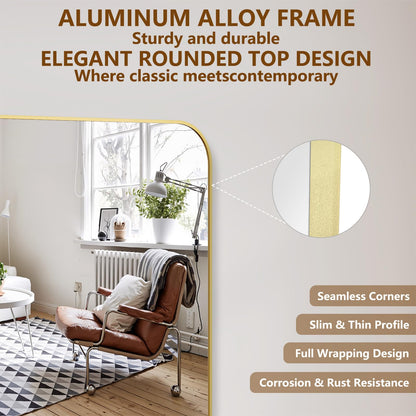 Koonmi Full Length Mirror, 80"x36" Mirror Full Length with Stand, Gold Domed Top Square-Edged Floor Mirror with Aluminum Alloy Frame for Bedroom Living Room