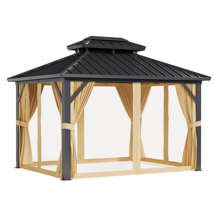 All-Weather 10' x 12' Hardtop Aluminum Gazebo with Double Metal Roof, Netting & Curtains – Permanent Outdoor Pavilion Pergolas for Patio, Deck, Garden & Backyard, Khaki