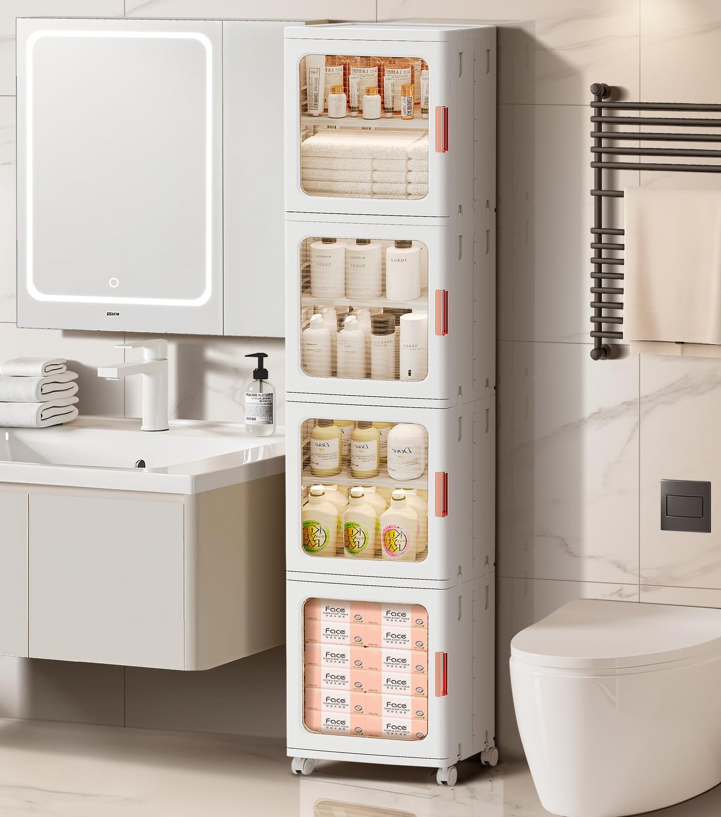 BUMODEL 4-Tier White Slim Storage Cabinet Bundle with 1-Tier White Slim Storage Cabinet with Doors and Adjustable Shelves