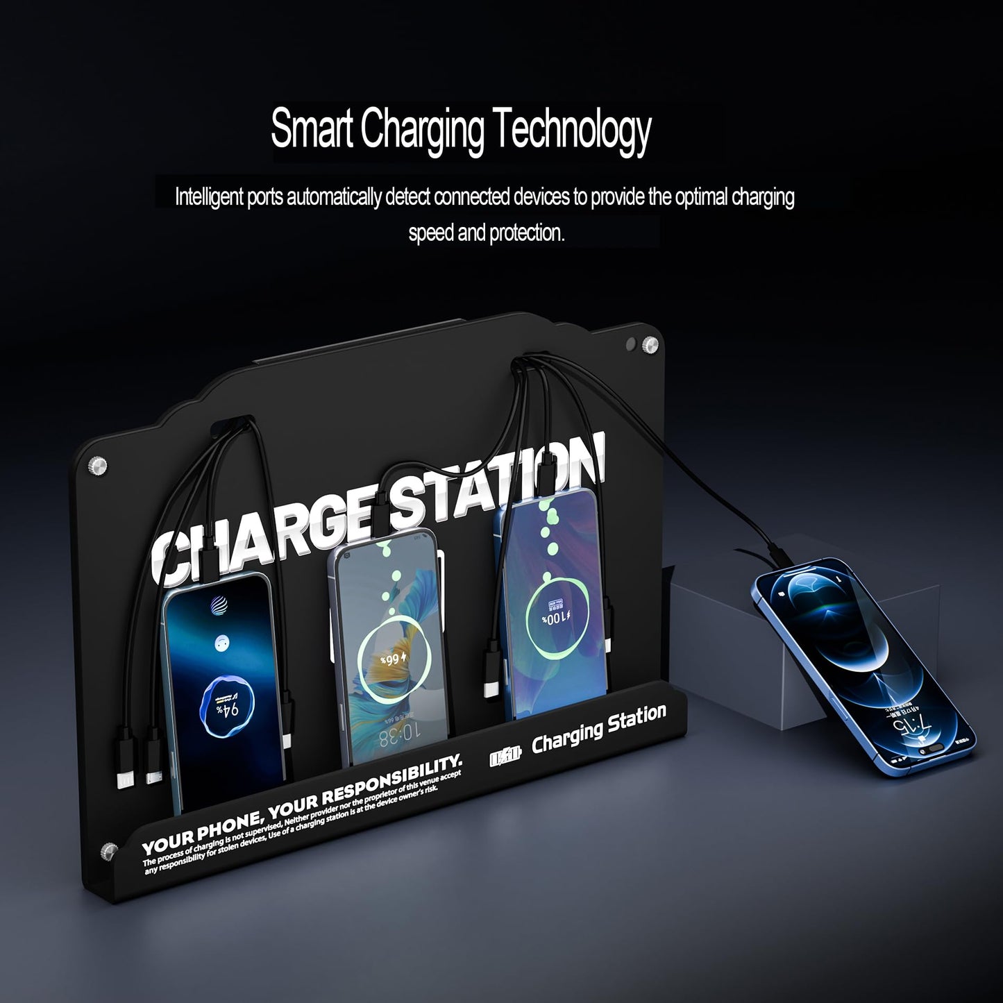Wall Mounted 8 Port Charging Station with Fast Charigng Cables – Multi Device Charging Dock for Office, Hotel & Public Spaces | Compatible with iPhone ipad Smartphone Tablets Android Port (Black)