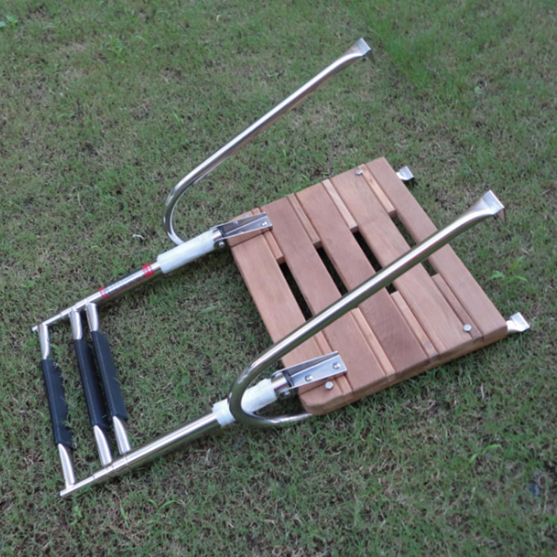 Telescoping 3-Step Swim Platform Ladder with Dual Handrails, Teak Stainless Steel Boat Boarding Ladder