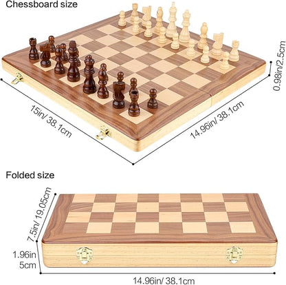 15 Inch Magnetic Wooden Chess Game Set Classic Folding Board Games with Felted Game Board Interior for Storage 2 Extra Queens Pieces Storage Slots