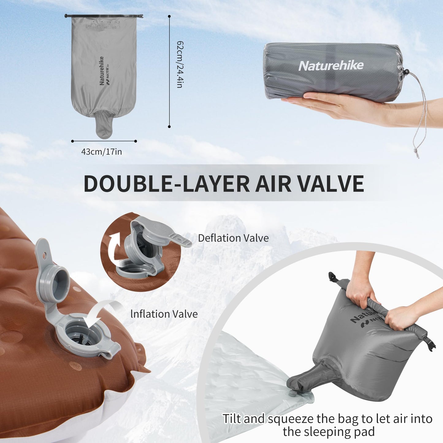 Naturehike Ultralight Insulated Sleeping Pad with R5.8, 3.2in Thickened Patchworkable Inflatable Double Sleeping Mat for Camping, Hiking, Climbing with Inflatable Bag (Silver-Rectangular-Large)
