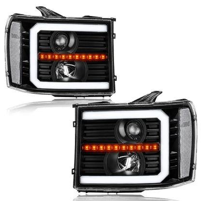 Fullux LED DRL Headlights for 2007-2013 GMC Sierra 1500 07-14 Sierra 2500HD 3500HD No Classic Head Lights Assembly 2PC Replacements Front Left Right Side Headlamp Black Housing Clear Reflector