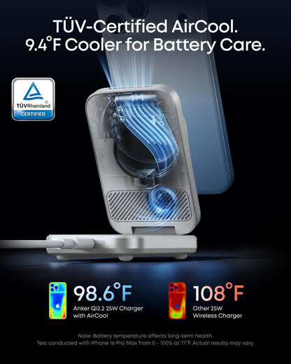 Anker Prime Foldable MagSafe Charger, 25W Qi2.2-Certified Palm-Sized Travel-Ready 3-in-1 Charging Station, AirCool Wireless Charger, for iPhone 17, Apple Watch, AirPods (Non-Battery, with Adapter)
