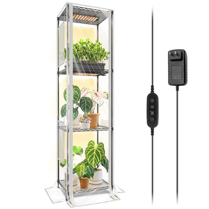CX83Z Indoor Greenhouse with Grow Light, 4-Tier Corner Plant Stand, 30W Full Spectrum Growing Light Panels, Mini Greenhouse with Tent for Seed Starting, 3/6/12h Timer, 15.7 x 11.8 x 59.1IN