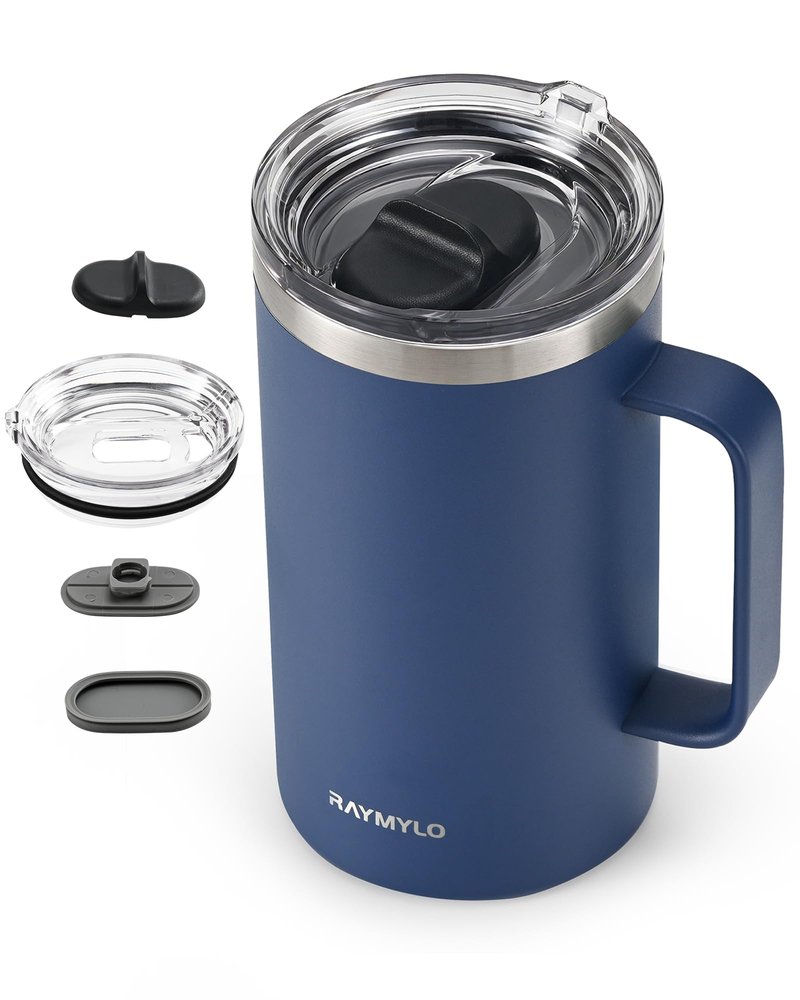 RAYMYLO Insulated Coffee Mug 24 oz, Spill-Proof & Detachable Slider Lid for Thorough Clean, Double Wall Stainless Steel Coffee Mug with Lids & Handle, Cold for 9 Hrs, Suitable for Camp Home Office
