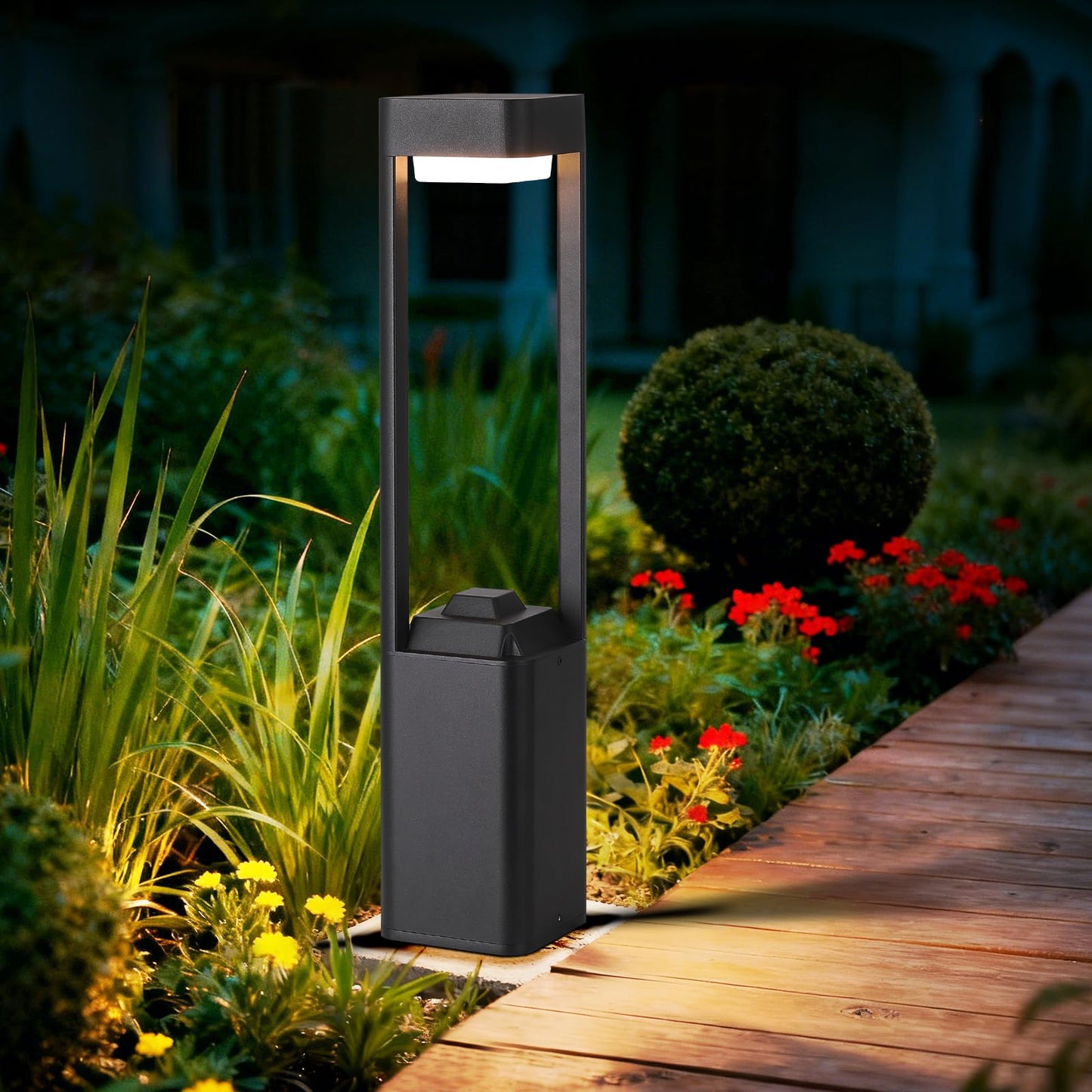 Outdoor Path Lighting Fixture 23.62In Outdoor Landscape Pathway Light Black Aluminum Modern Lawn Floor Light With 3000K LED Bollard Lighting Outside Housing Waterproof Post Lantern For Patio Entrance