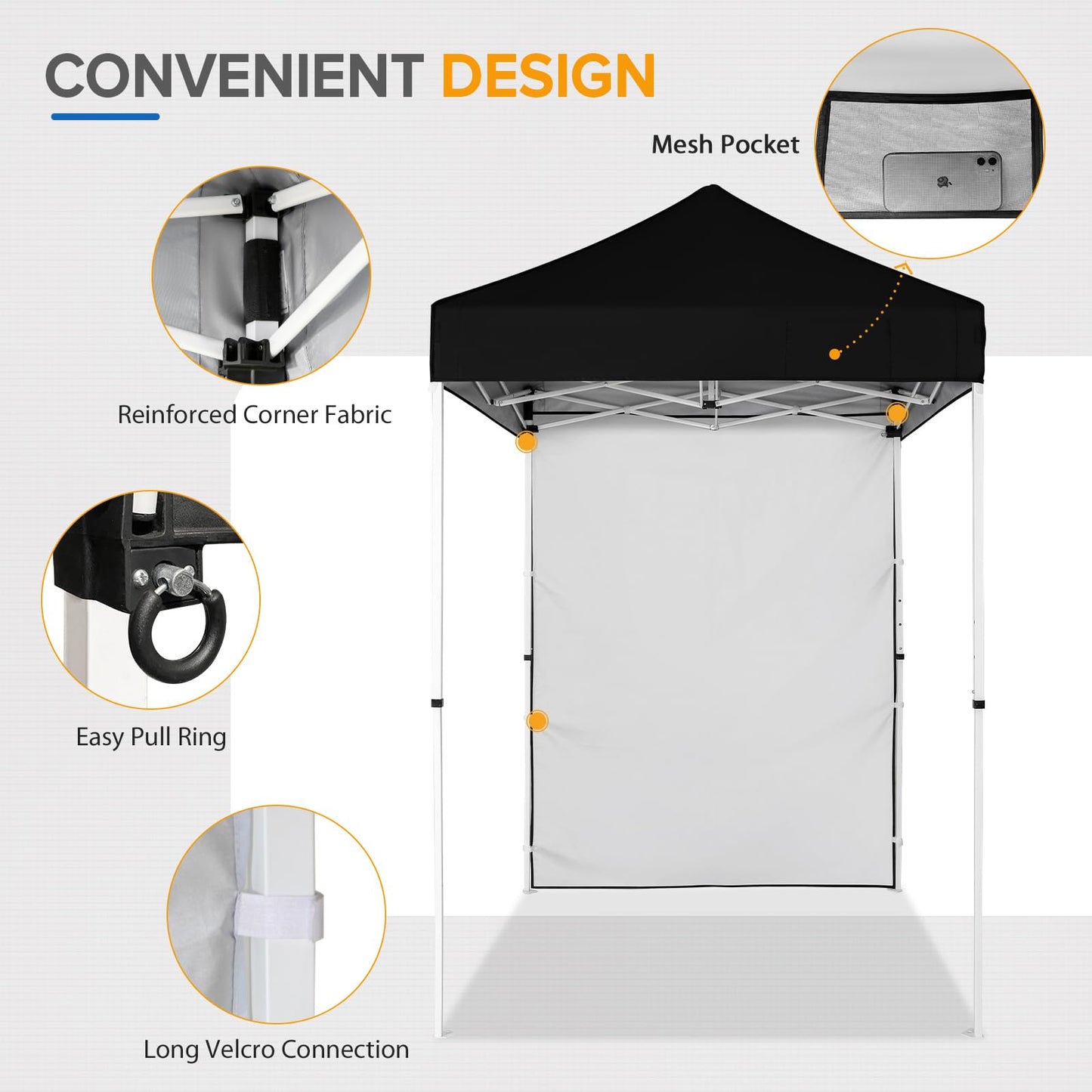 EAGLE PEAK Pop up Canopy 5x5, Outdoor Portable Canopy Tent with One Removable Sunwall, Carry Bag Included, Black