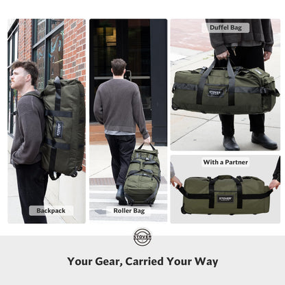 STOVER 45/80/100L Rolling Duffel Bag with Wheels, X-Large Durable Travel Duffle + Toiletry Bag, Heavy Duty, Packable with Shoulder Straps- Use as Luggage or Backpack, Men/Women (Green)