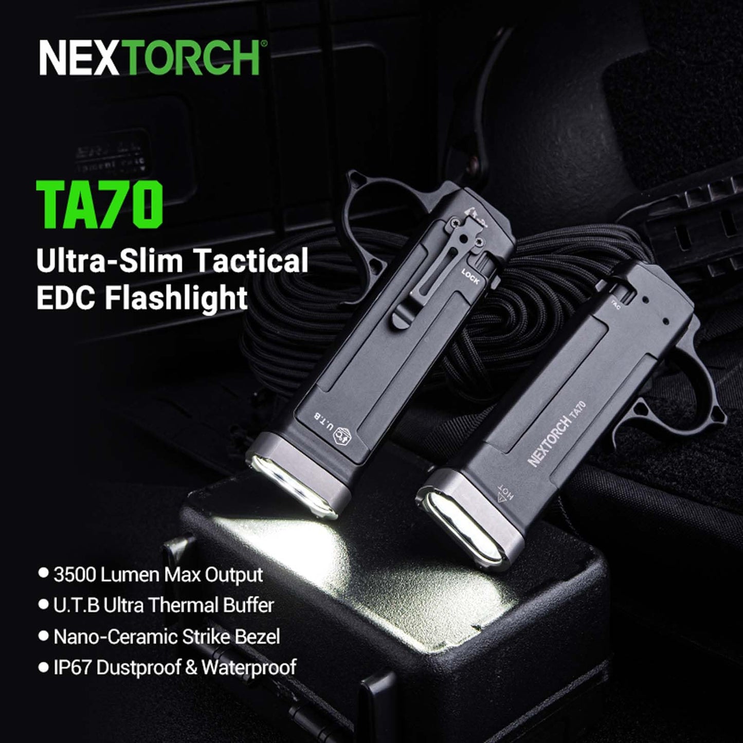 NEXTORCH TA70 EDC Tactical Flashlight,Flat Flashlight Rechargeable,3500 Lumens Tactical/Duty Dual-Switch LED Slim Flashlight with Stainless Clip for Outdoor Daliy Use Emergency