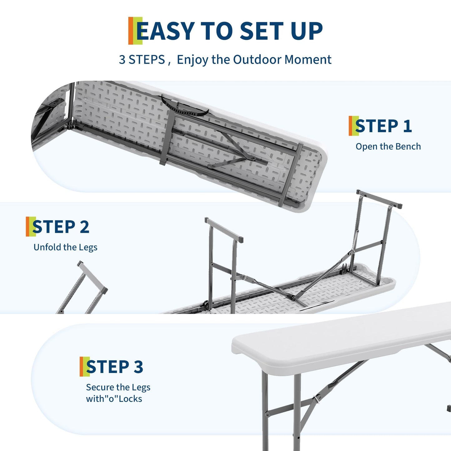EliteEdge 6Ft Plastic Folding Bench, 2 Pack Portable Folding Bench, Foldable HDPE Waterproof Outdoor Benches with Carrying Handle Picnic Camping Sports Party Activities, White (White-2pc)