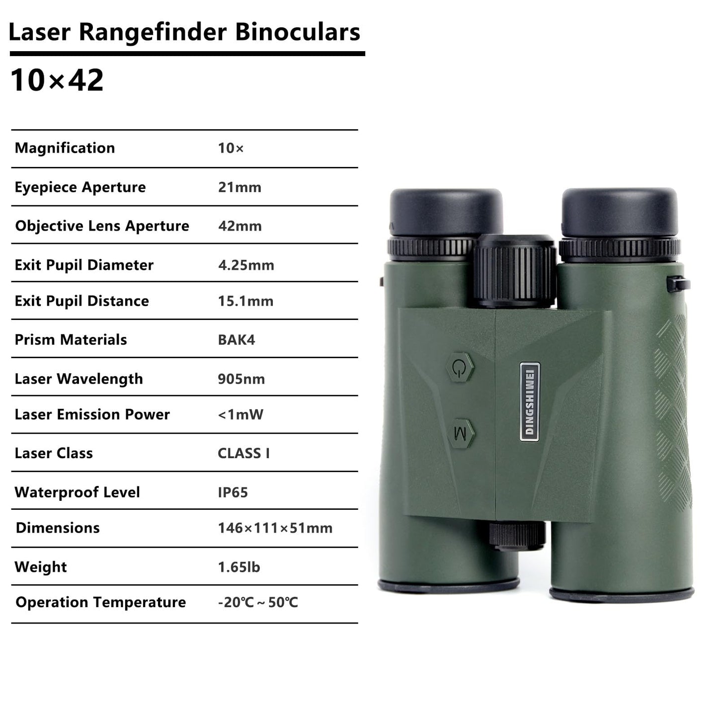 DINGSHIWEI Rangefinder Binoculars for Hunting, 1968 Yards Laser Rangefinder, 10x42 HD Optics, Fast 0.15s IP65 Waterproof ±0.5m for Golf, Bird Watching, Outdoor, Green
