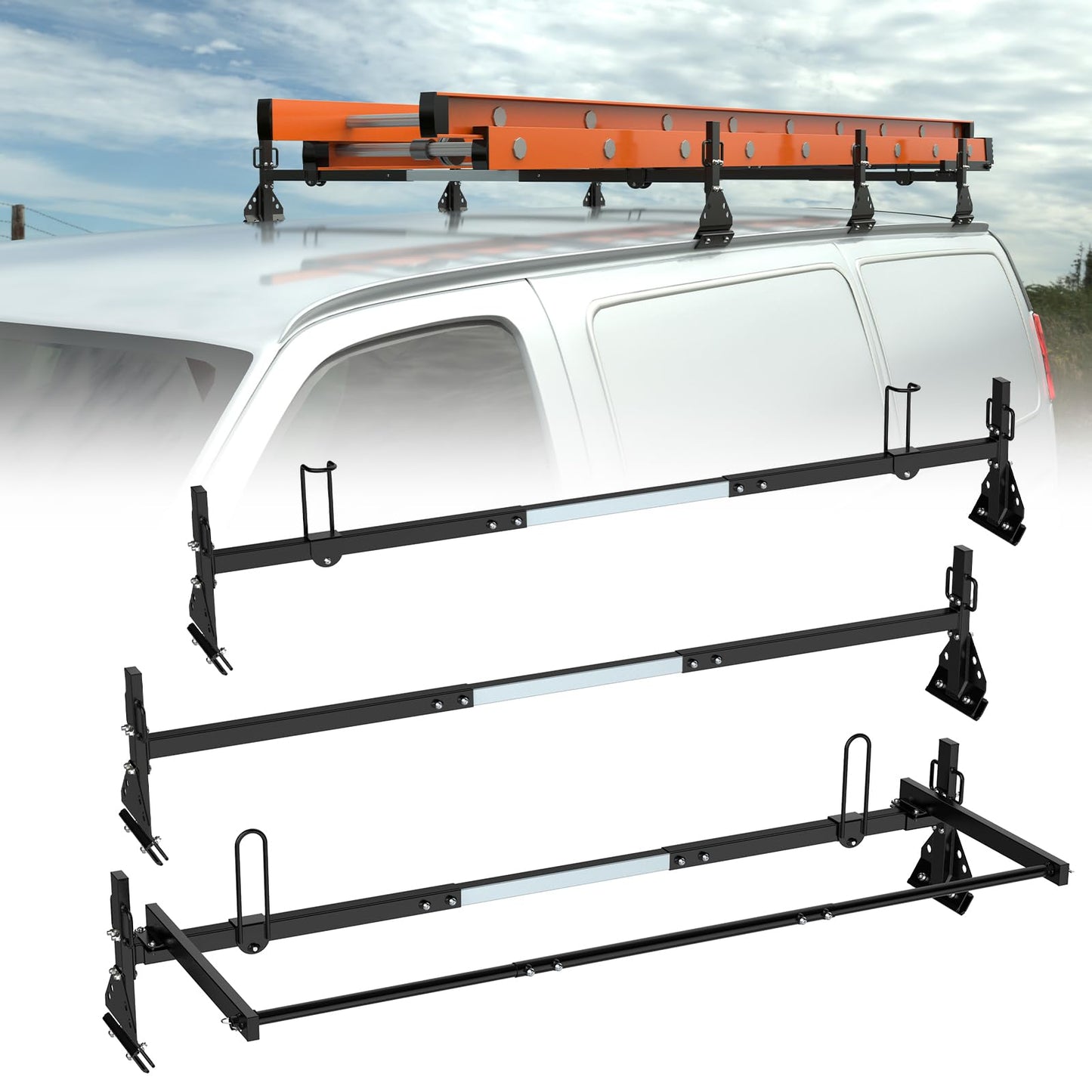 Universal Van Roof Ladder Racks with Rear Roller-3 Bars,Adjustable Length 46.8''-63.4'',Compatible with 1996-up Chevy Express 1500 2500 3500,Ford Econoline GMC Savana Fullsize .800LBS Load-Capacity