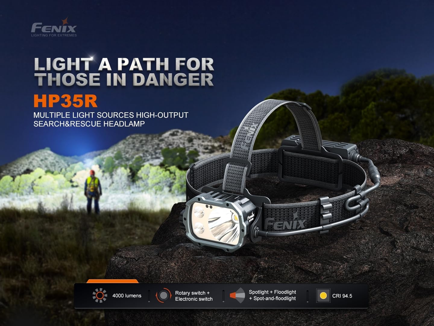 Fenix HP35R SAR 4000 Lumen USB-C Rechargeable Headlamp, with Spotlight and Floodlight and Flame Retardant Headband for Search and Rescue, Outdoor Use, Emergencies and More