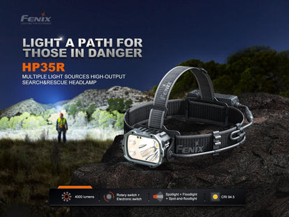 Fenix HP35R SAR 4000 Lumen USB-C Rechargeable Headlamp, with Spotlight and Floodlight and Flame Retardant Headband for Search and Rescue, Outdoor Use, Emergencies and More