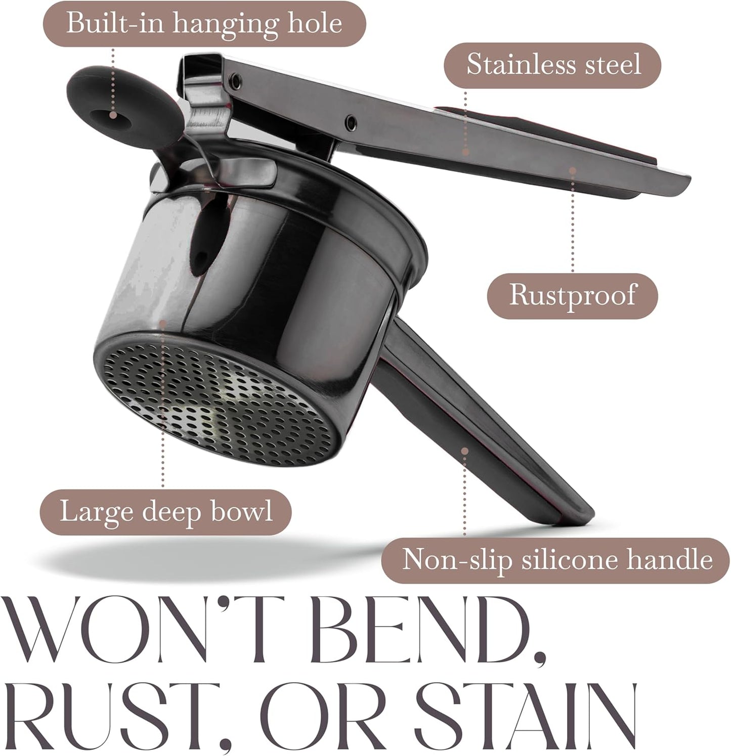 Bellemain 15 oz Black Potato Ricer - Heavy-Duty Stainless Steel Masher for Perfect Mashed Potatoes