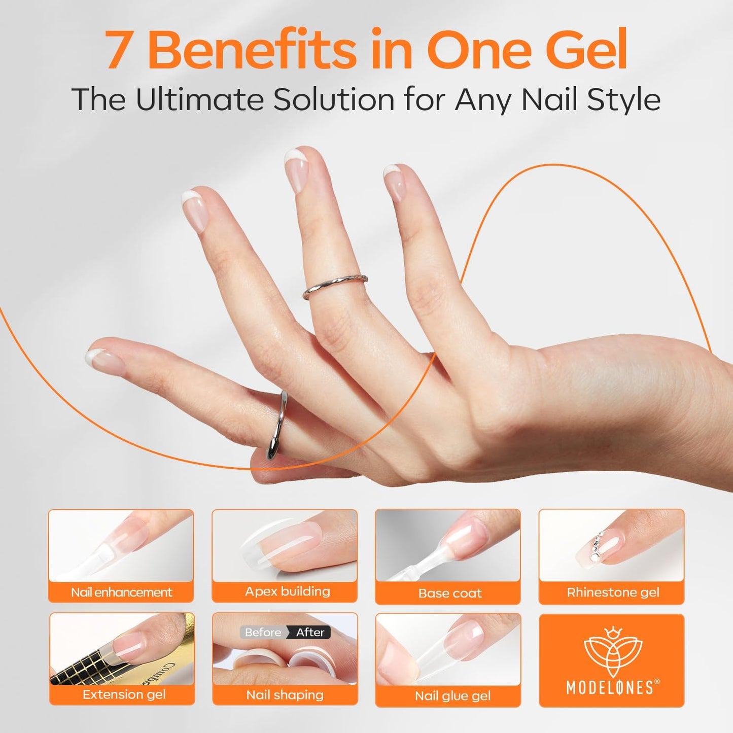 modelones Builder Nail Gel with Gel Top Coat, 3Pcs Clear Builder Nail Kit for Thickening Apex Building Extension Rhinestone Gel Tips Glue, U/V LED Lamp Cured for Home DIY Salon Girls