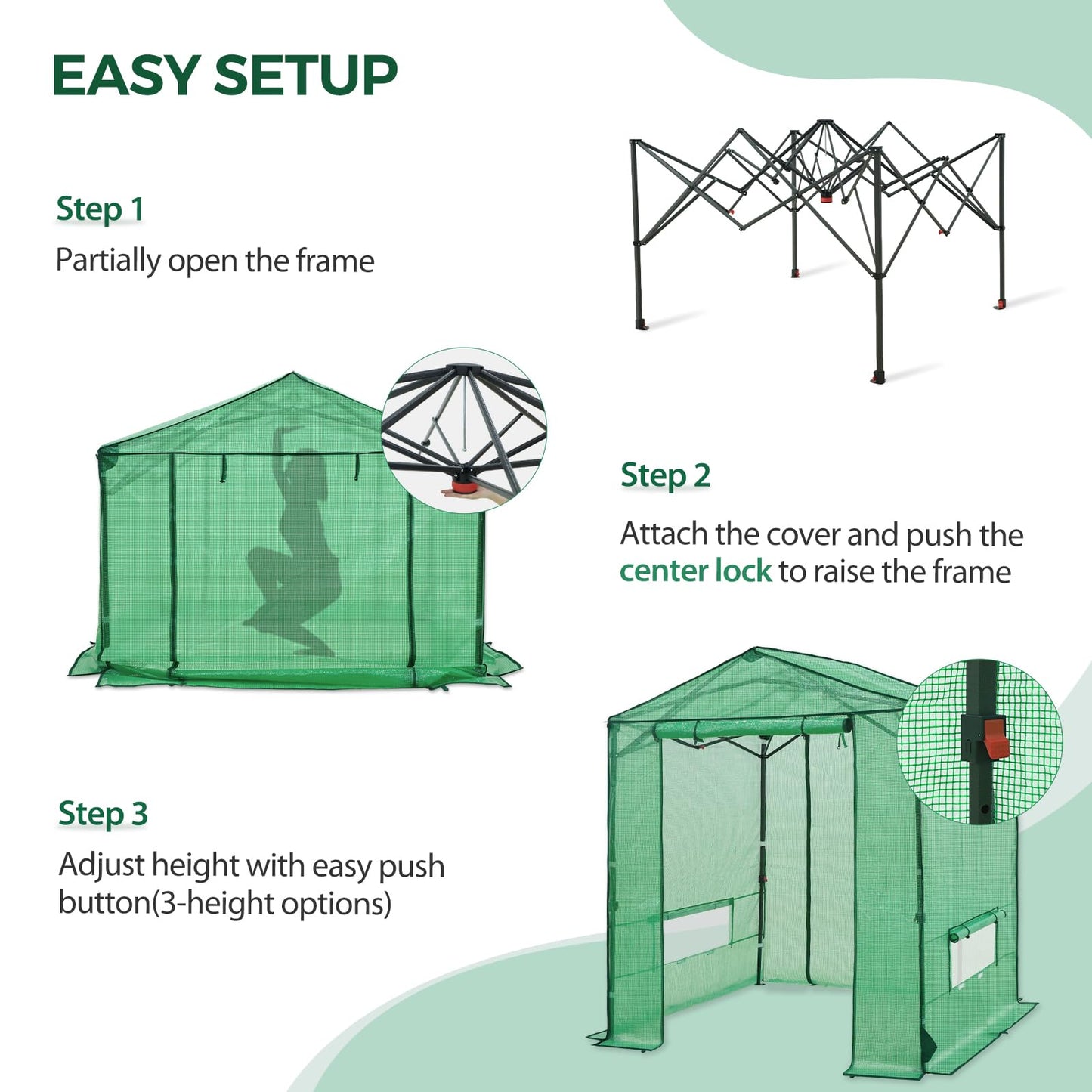 INTER HUT 6x6 Pop Up Greenhouse, Instant Walk in Green House with PE Cover, Power Ports, Roll up Doors & Windows for Indoor Outdoor Plant Growing, Green