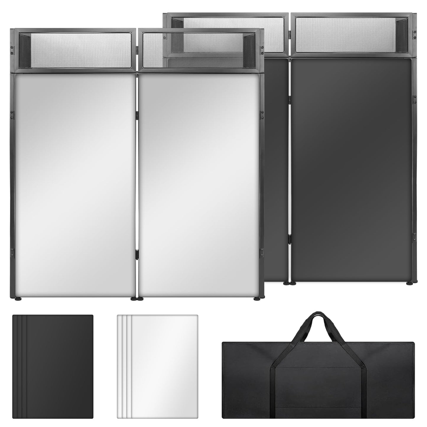 STRICH Portable DJ Facade Table Station, Foldable DJ Booth with Black & White Scrim, 44”X 20” Metal Frame Display Stand with Removable Triangle Shelf, Cable Hole and Carry Bag for Show, Party, Studio