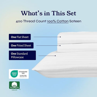 California Design Den Twin Sheet Set - 100% Soft Cotton, 400 Thread Count, Silky Smooth Sateen, Striped White