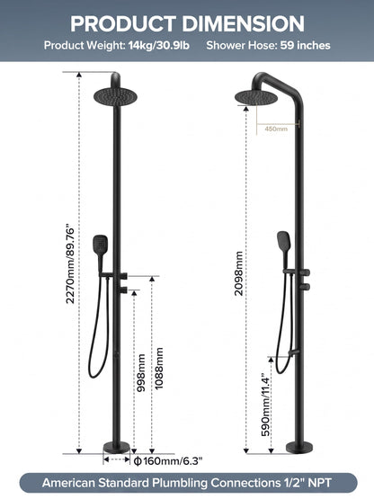 WCQQ 316 Stainless Steel Outdoor Floor Shower with 3 Functions, Matte Black Freestanding 10" Headshower & Handheld Shower for Backyard Patio Relaxation/Easy Garden Clean