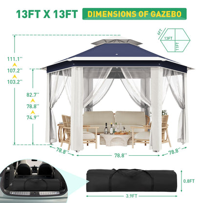 Pop Up Canopy Tent 13x13 Ft Instant Gazebo with Mosquito Netting Enclosure, Adjustable Outdoor Gazebo for Patio, Garden & Backyard Use with UV Protection & 3 Heights (Blue Lightgrey, 13 ft x 13 ft)