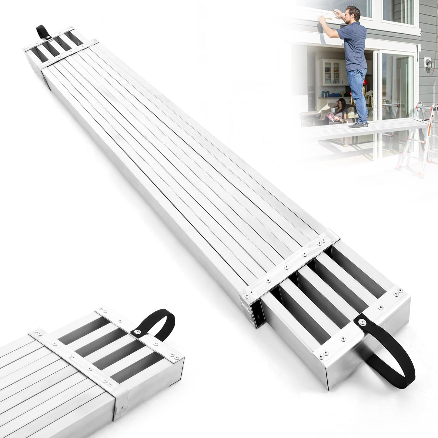 8–13 ft Aluminum Telescoping Plank, 440 Lbs Load Capacity Adjustable Extension Work Platform, 12.5" w x 2.7" h Non-Slip Scaffolding Plank for Ladder, Scaffold, Painting, and Maintenance Projects