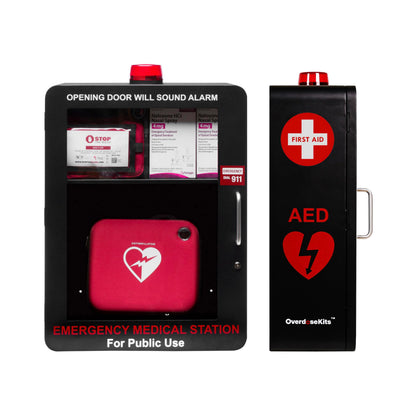 OVERDOSE KITS Emergency Medical Station – Wall Mount Cabinet for AEDs, Naloxone, Bleeding Control & First Aid Kits – Public Space Storage Solution – Black, Medium (AED & Accessories Not Included)