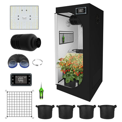 HOMEFELIZ 2x2 ft Grow Tent Complete Kit, All-in-One Fan with Activated Carbon Filter, 100W Full Spectrum LED Grow Light, 24"x24"x55" High-Reflective 1680D Diamond Mylar Tent and Smart Controller