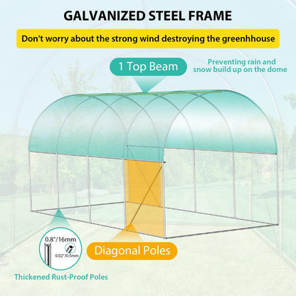 7*15*7FT Walk-in Greenhouse, Portable Walking in Tunnel Tent, Walking in Tunnel Tent with Galvanized Pipe, 2 Roller Zippered Door & 8 Screen Windows, Greenhouses for Outdoors (Bottom widening Design)