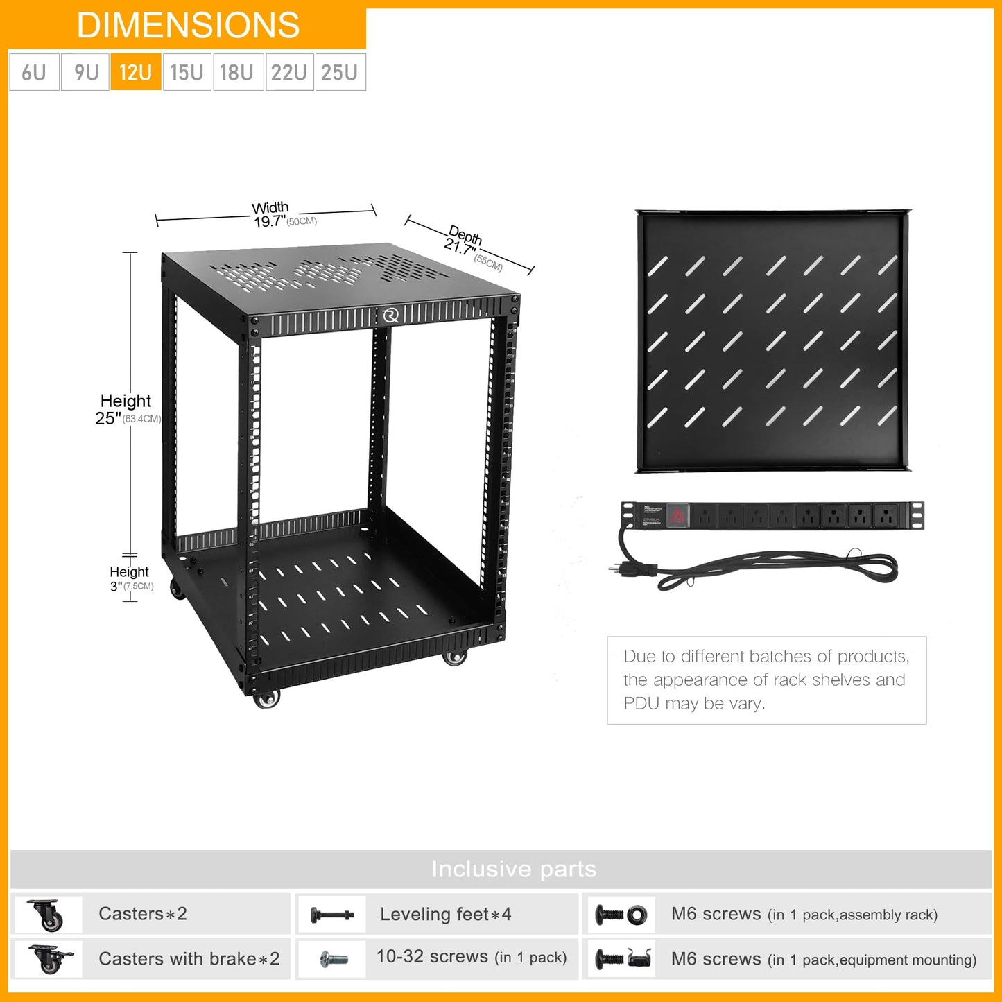 RIVECO 12U Network Rack with Reinforced Top Cover - 4 Post Floor Rack on Wheels for 19" Equipment & Stereo Gear- Including Rack Mount Power Strip & 1PCS 1U Rack Shelf