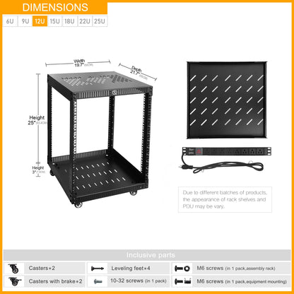 RIVECO 12U Network Rack with Reinforced Top Cover - 4 Post Floor Rack on Wheels for 19" Equipment & Stereo Gear- Including Rack Mount Power Strip & 1PCS 1U Rack Shelf