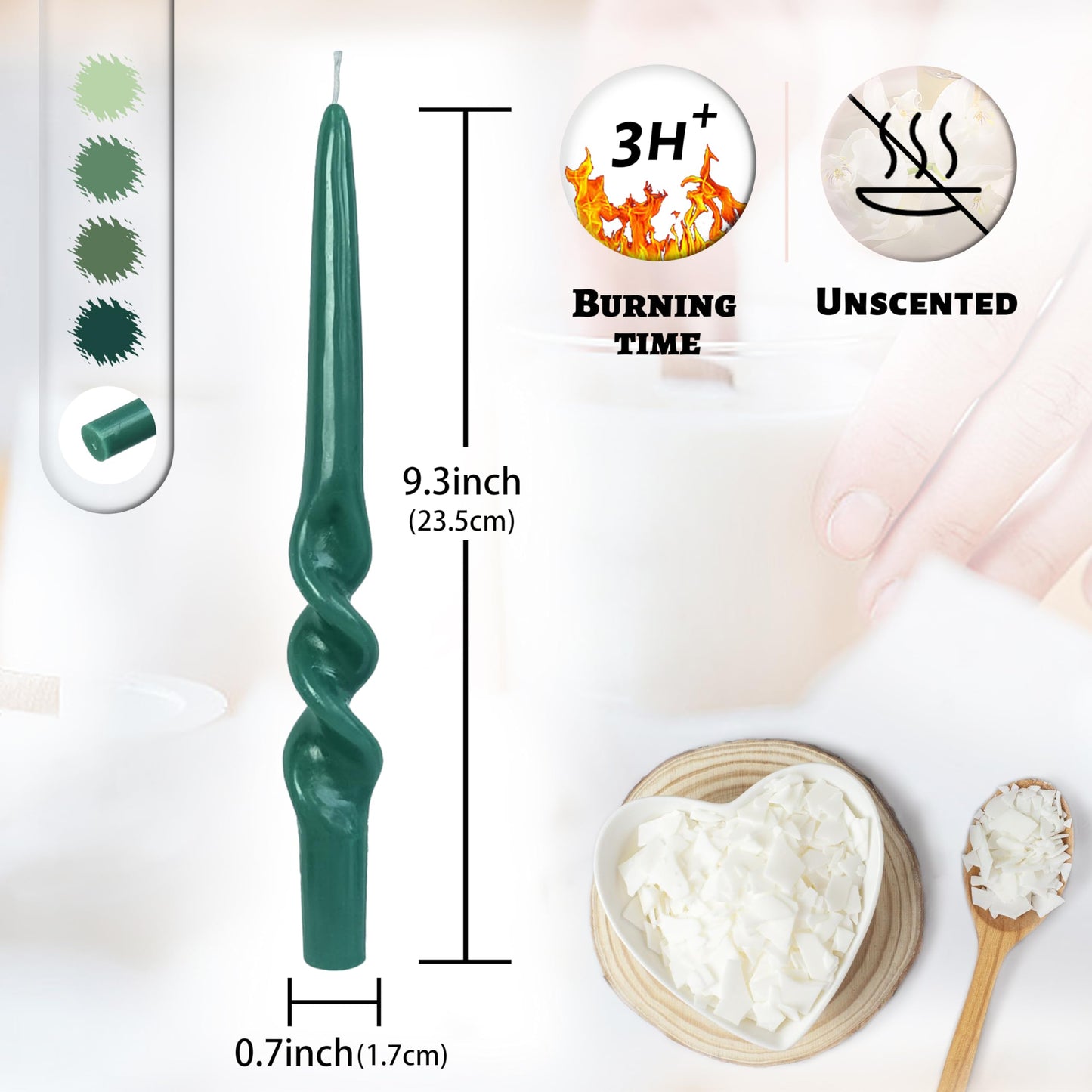 Unscented Gradient Green Candle Sticks ZECHKAVAA Handmade Long Spiral Candles 9.5inch Long Candlesticks Smokeless Candles Elegant Design for Home Décor Weddings Festive Seasons Holiday