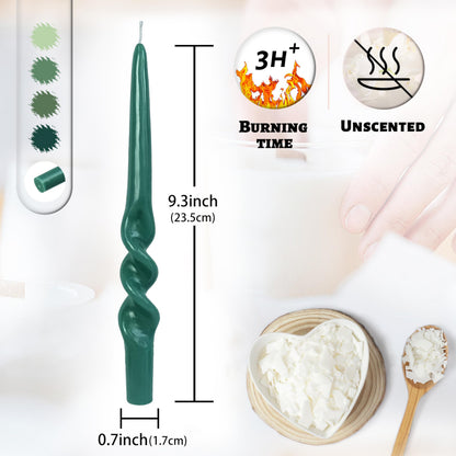 Unscented Gradient Green Candle Sticks ZECHKAVAA Handmade Long Spiral Candles 9.5inch Long Candlesticks Smokeless Candles Elegant Design for Home Décor Weddings Festive Seasons Holiday
