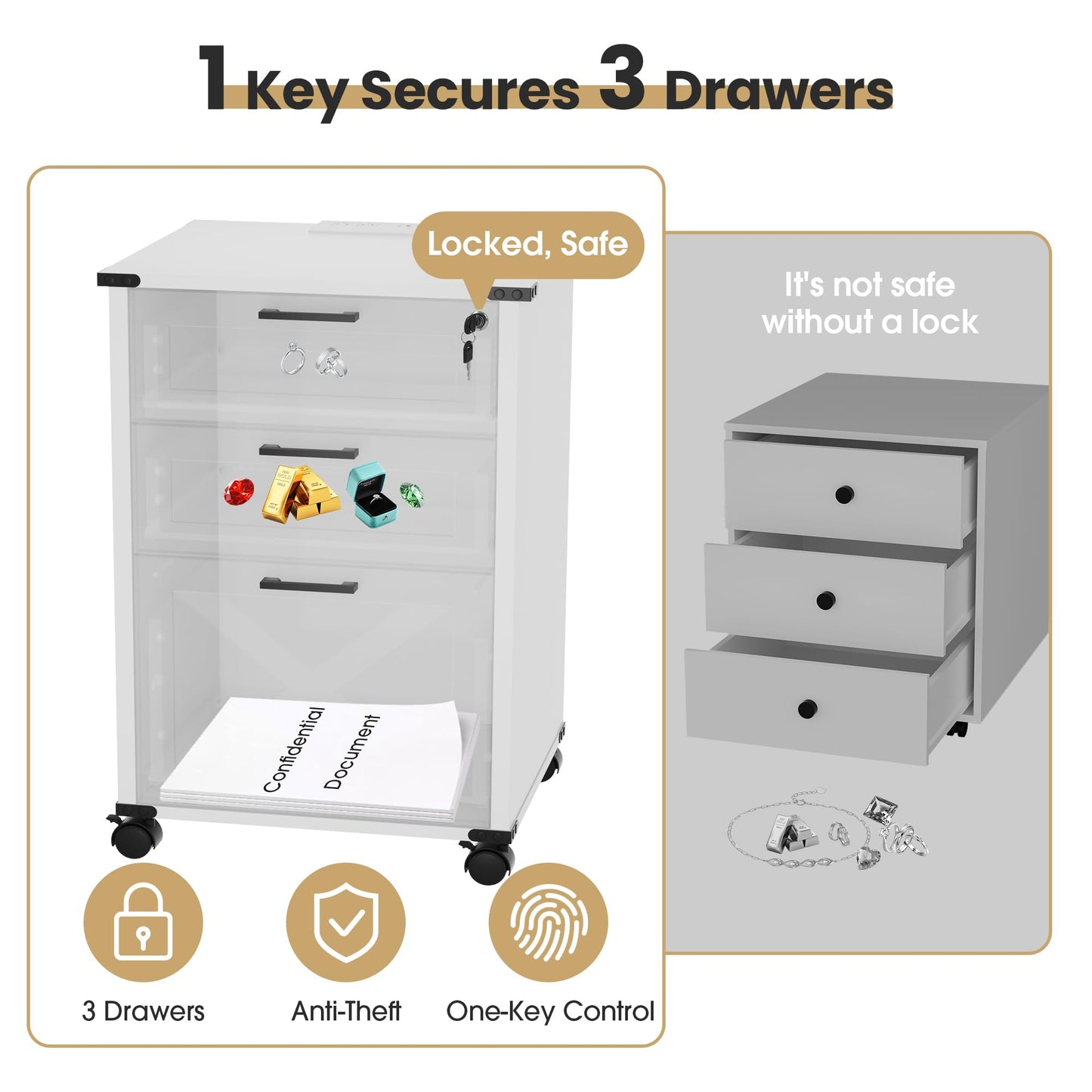 Onelike Small Wood File Cabinet with Lock, Nightstand with Charging Station, 3 Drawer Under Desk Lateral Filing Cabinets for Home Office, Printer Stand with Storage, White