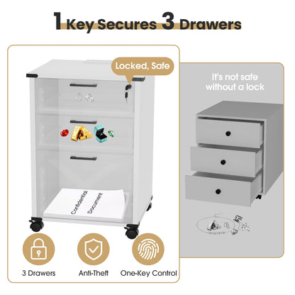 Onelike Small Wood File Cabinet with Lock, Nightstand with Charging Station, 3 Drawer Under Desk Lateral Filing Cabinets for Home Office, Printer Stand with Storage, White