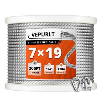 VEPURLT 200FT 1/4" Thickened Stainless Steel Cable Wire Rope, 7x19 Strand Aircraft Cable 6400lb Breaking Strength with Clamps & Thimbles for Zipline, String Light Hanging, Clothesline, DIY Projects