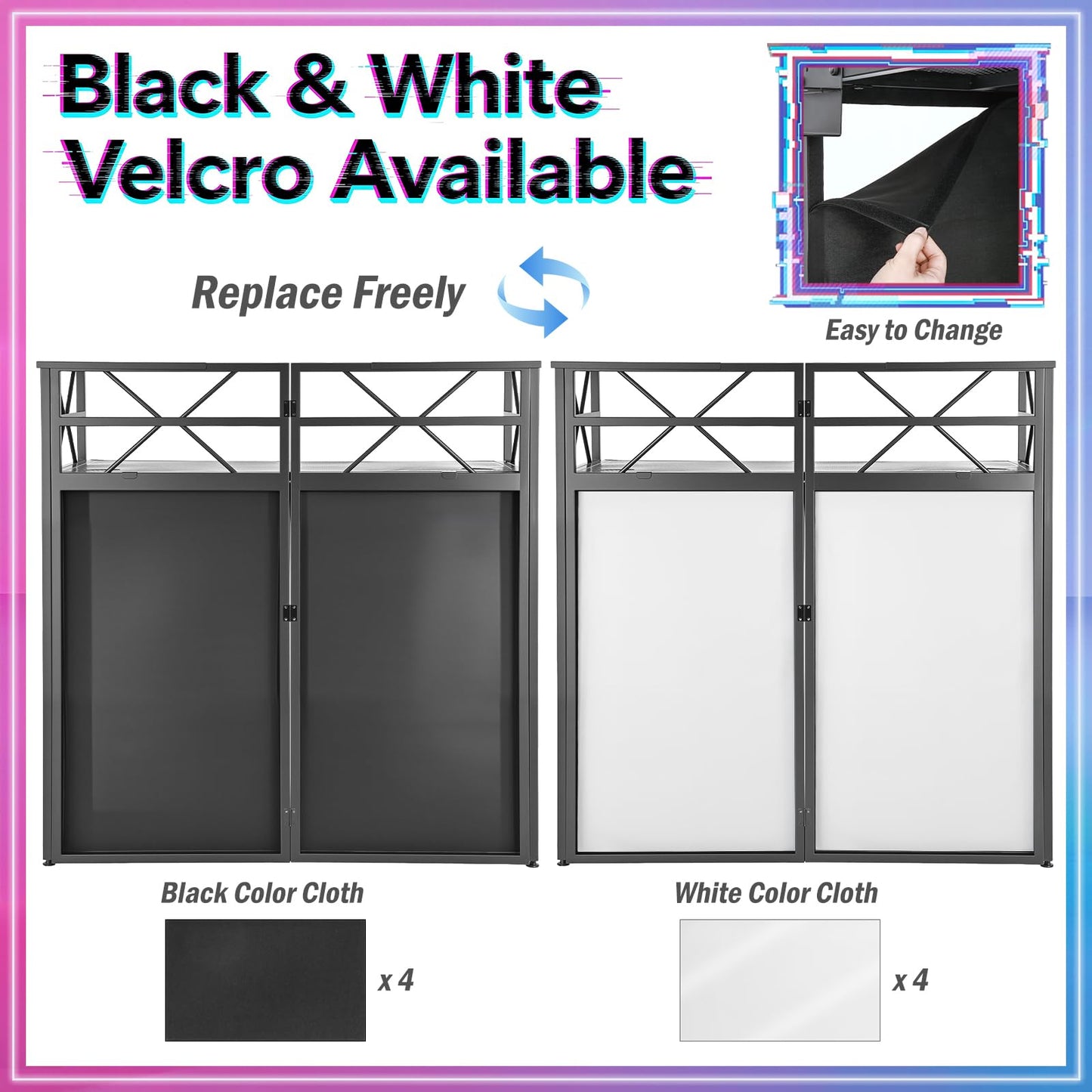 DJ Booth - Adjustable Height (33inch / 37.8inch), Portable DJ Table Stand with Carry Bag, Black & White Blackout Cloth, Foldable DJ Facade Booth for Event, Parties, Festival, Clubs (41.1 x 20.5inch)