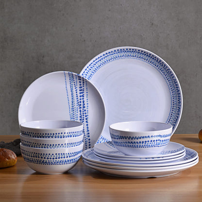 Melamine Dinnerware Sets, 12Pcs Plates and Bowls Sets Dinnerware Sets for 4, Unbreakable Dish Set for Indoor and Outdoor Use, Dishwasher Safe Raindrops Design
