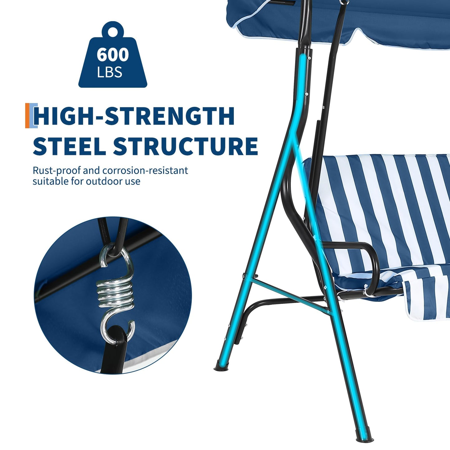 Outdoor Patio Swing Chair with Adjustable Canopy 3-Seat Heavy-Duty Steel Frame Porch Swing with Stand Thick Waterproof Cushions for Garden Backyard Lawn Front Porch