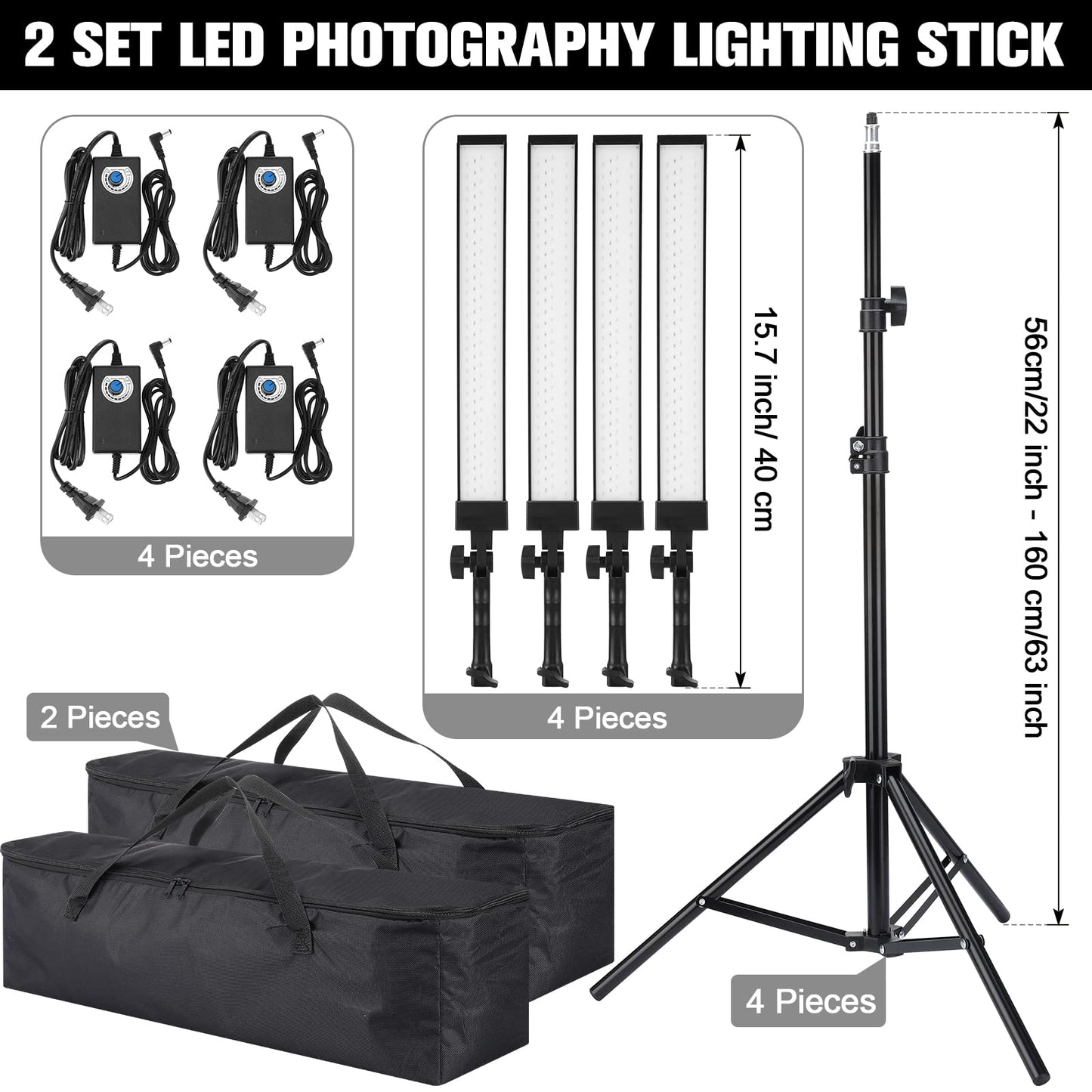 Xuhal 4 Pack LED Photography Lighting Stick Kit Adjustable LED Video Light with 22-63 Tripod 5500k 90 Beads Photoshoot Fill Lights Portable Studio Lighting for Live Streaming CRI 80+
