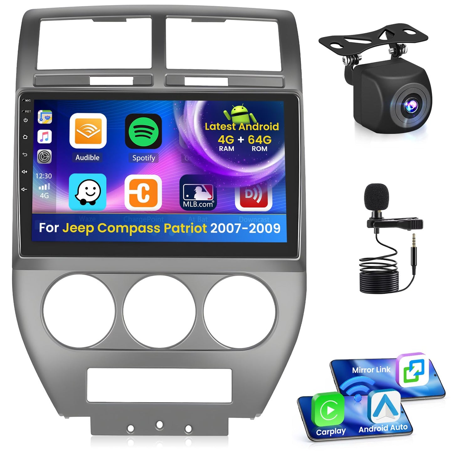 Inefala 4+64G Radio for Jeep Compass Patriot 2007 2008 2009 Android 15 CarPlay Stereo IPS 10.1" Touchscreen Android Auto Bluetooth 5.0 GPS EQ 13UI Backup Camera