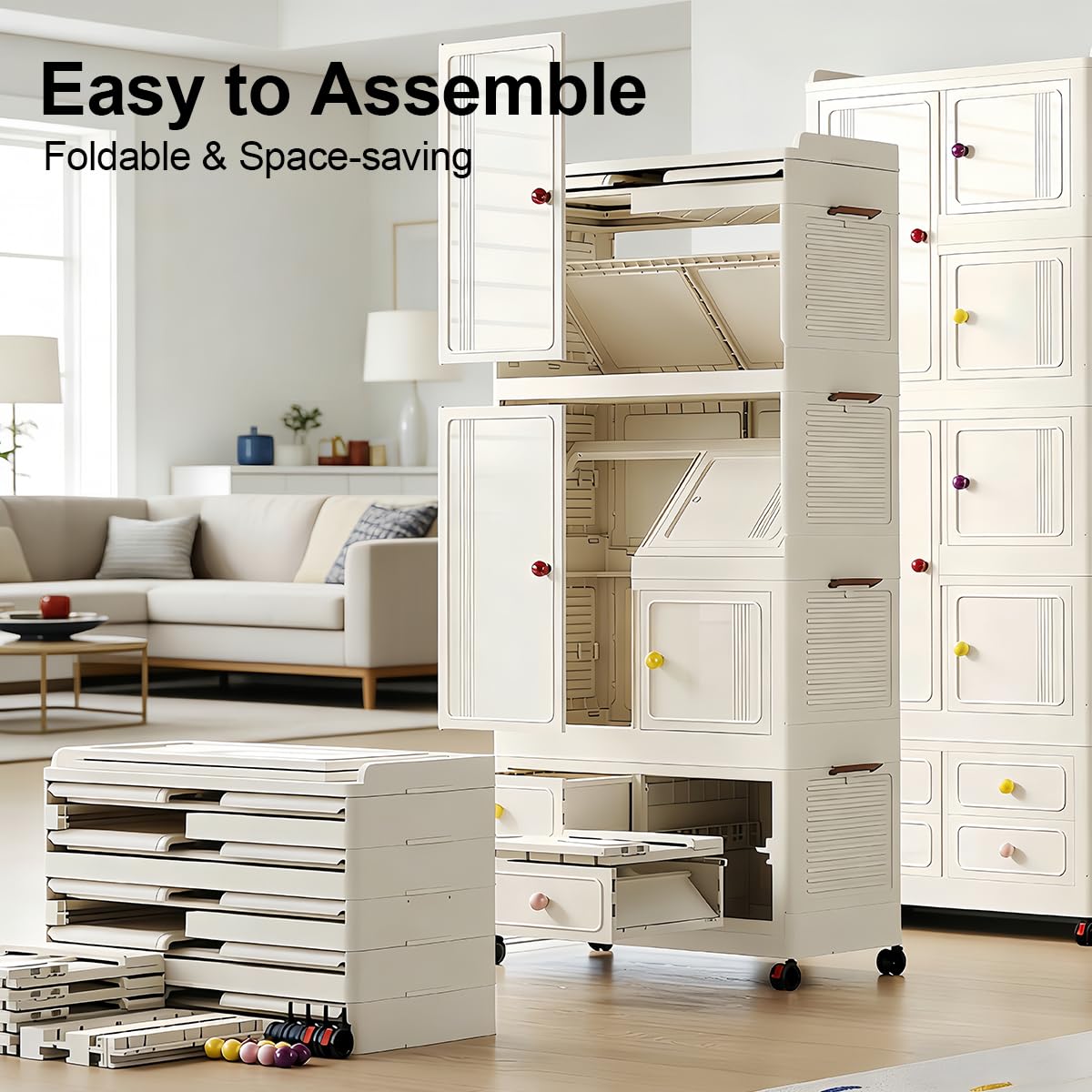 FoldTrend Foldable Storage Cabinet with Locking Wheels & Lids, Heavy-Duty ABS, Large Capacity Closet Organizers and Storage for Home, Apartment, Dorm, Closet - Easy No-Tool Assembly