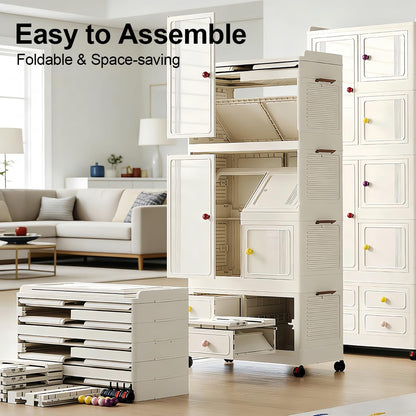 FoldTrend Foldable Storage Cabinet with Locking Wheels & Lids, Heavy-Duty ABS, Large Capacity Closet Organizers and Storage for Home, Apartment, Dorm, Closet - Easy No-Tool Assembly