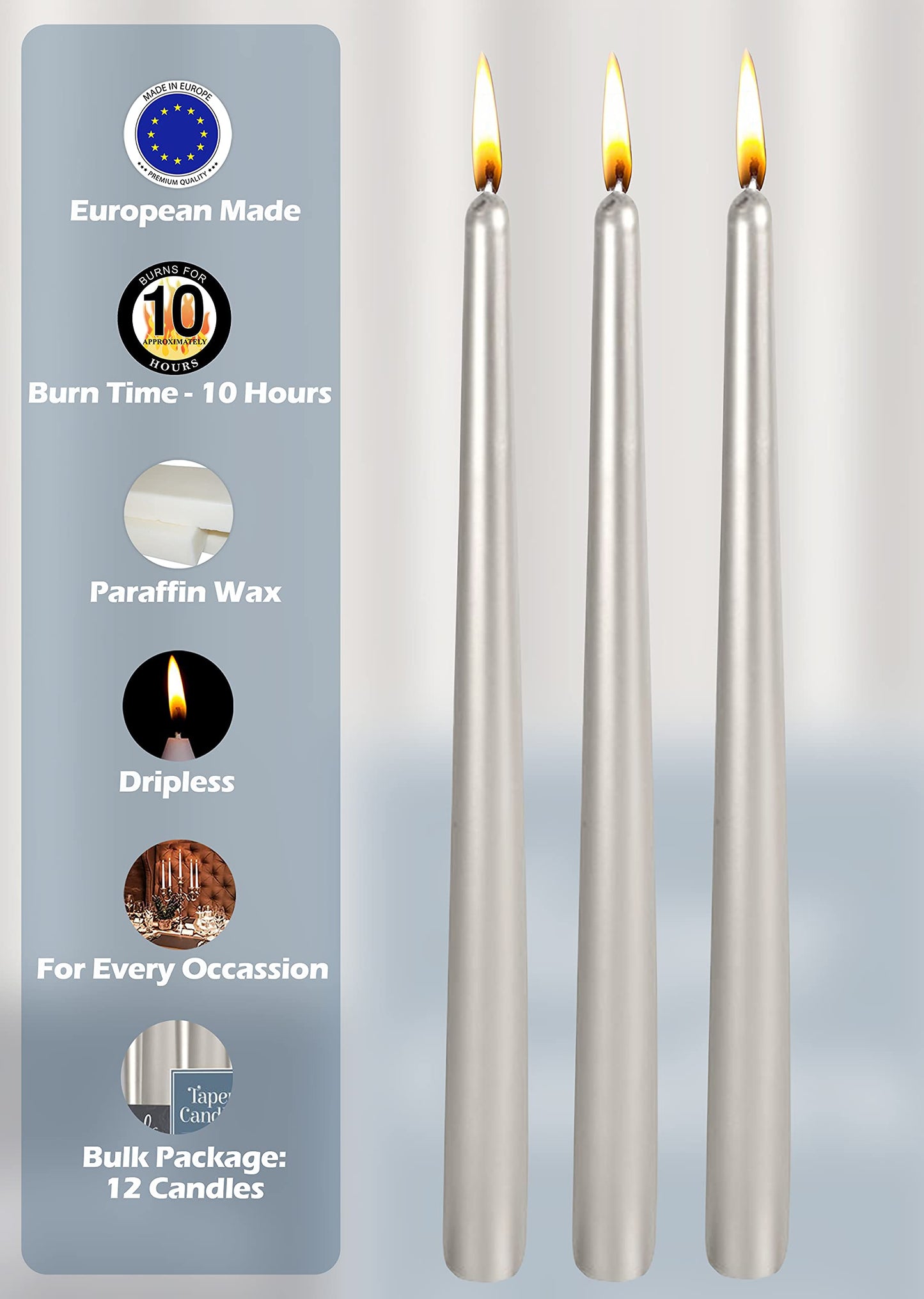 Hyoola Tall Taper Candles - 12 Inch - Metallic Titan - Dripless - 12 Pack - 10 Hour Burn Time