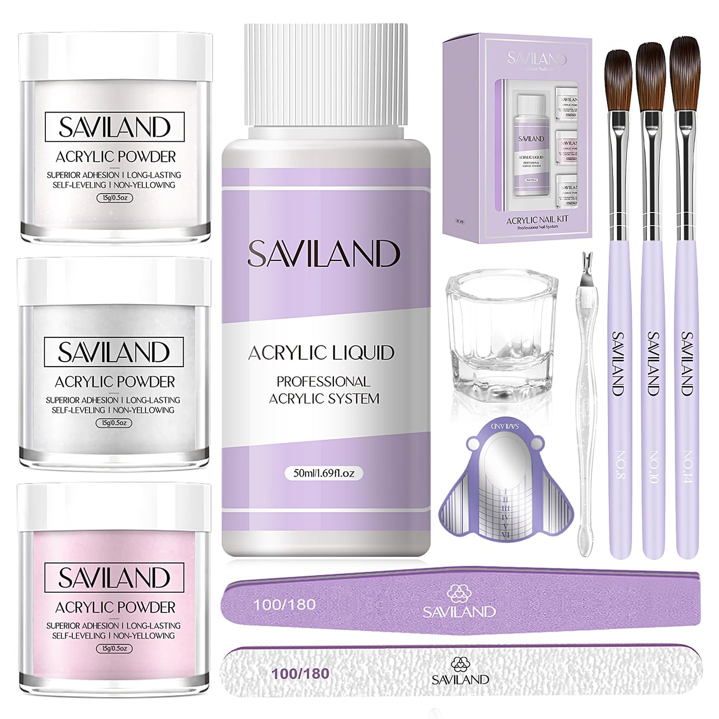 SAVILAND Essentials Acrylic Nail Kit Starter: Acrylic Nail Kit for Beginners with Everything White Pink Clear Acrylic Powder and Liquid Set #8/10/14 Nail Brush Forms Manicure Tools Home Nail Salon DIY