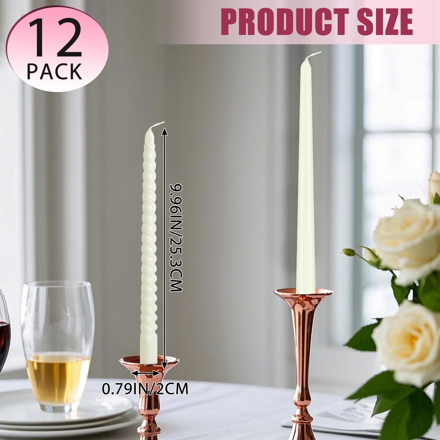 CACASO 12 Pack Candles,10 Inch Dripless Candle, Ivory Spiral Candlesticks, Long Unscented Candle Sticks for Party Dinner Wedding Home Decoration